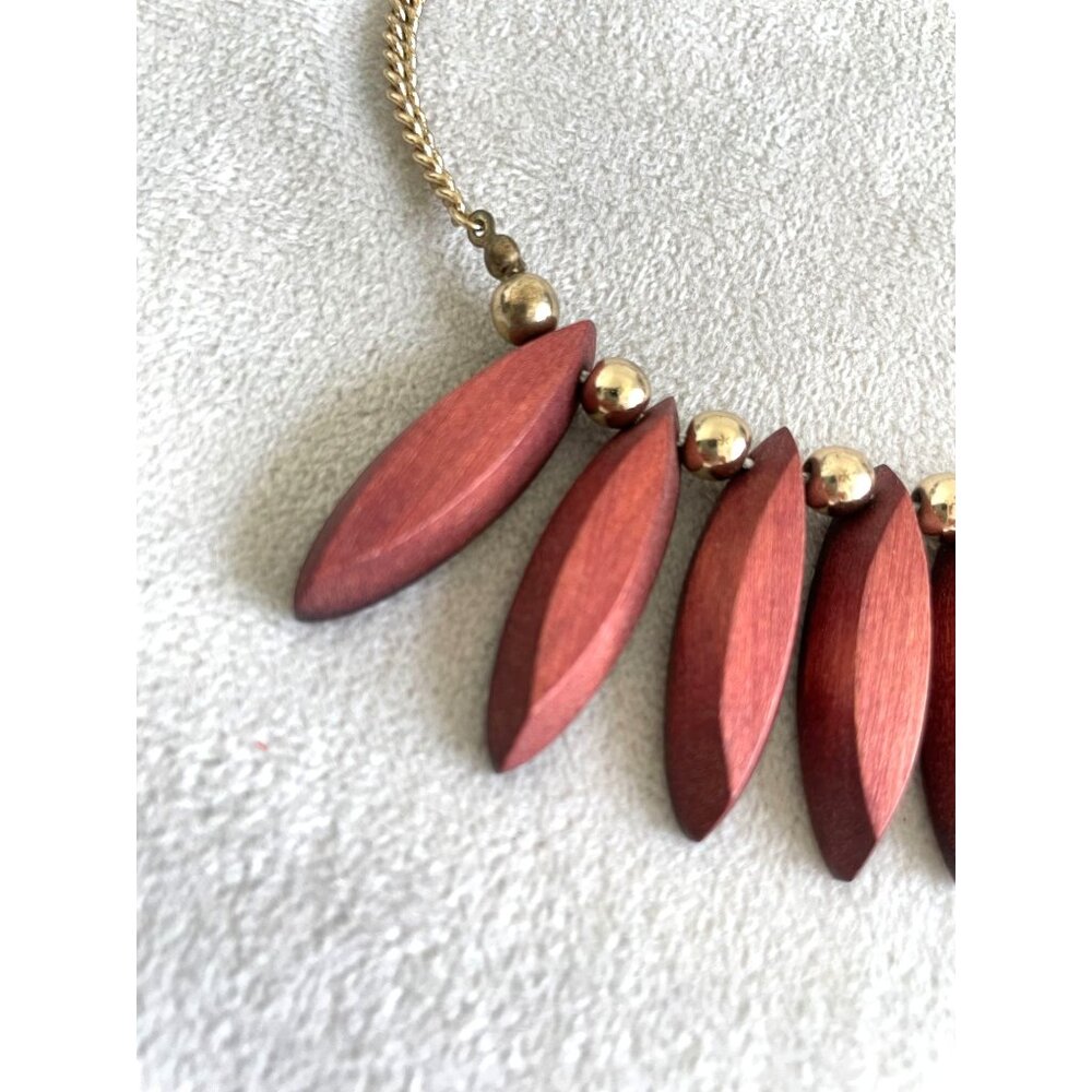 Wood & Gold Tone Beaded Bohemian Style Necklace Adj. Lobster Clasp Chain BOHO - Picture 3 of 4
